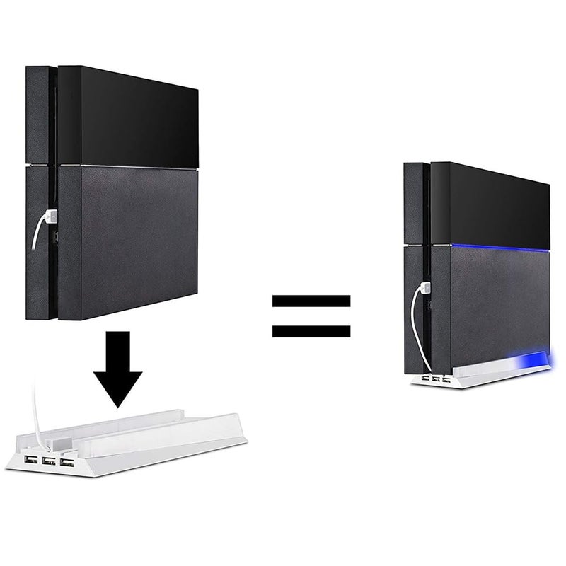 KlsyChry Vertical Stand for PS4 White, Blue Light Base Led Bracket Mount Holder Stand for PS4 PlayStation 4 Console with 3 USB Hub Ports -White - Image 2